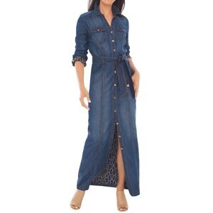 Chico's Utility Denim Maxi Dress Leopard Print Lining Belted Women Size 0.5 S/6